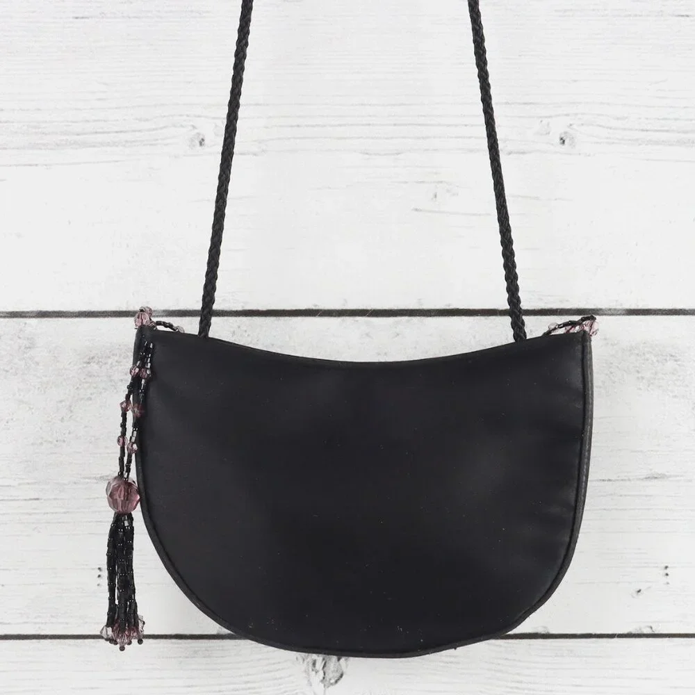 La Regale Black Satin Mini Crossbody or Clutch Bag Beaded Tassels Button Closure